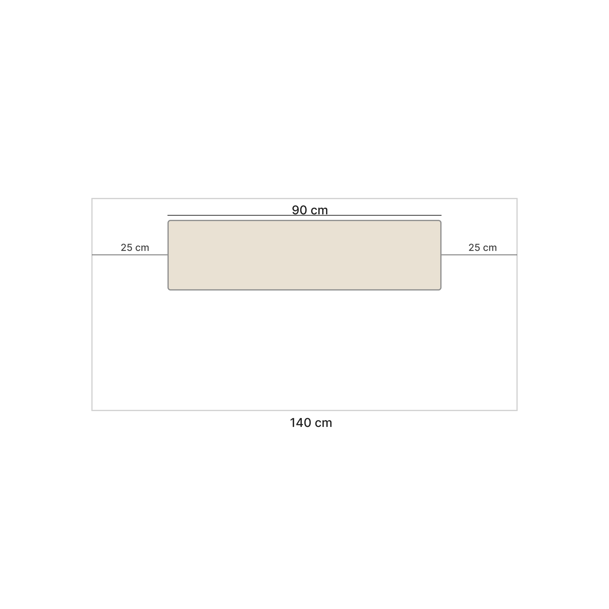 Desk layout guide showing 90cm shelf on a 140cm desk
